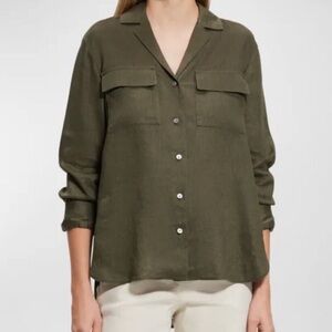 Theory Notch Shirt Linen Lyocell Lightweight Button Down Olive Green Medium